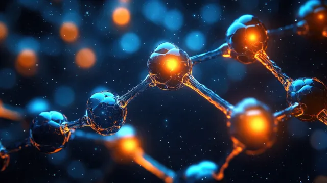 Neon blue and orange atoms connected by glowing molecular bonds float in a dark futuristic space scene.