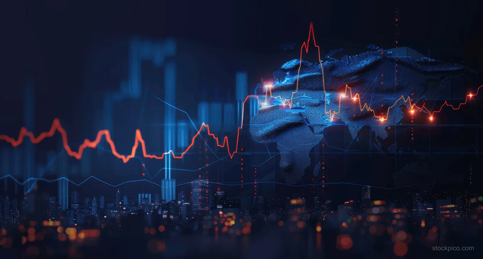 Neon stock market charts and candlestick trades glow over a night city skyline.