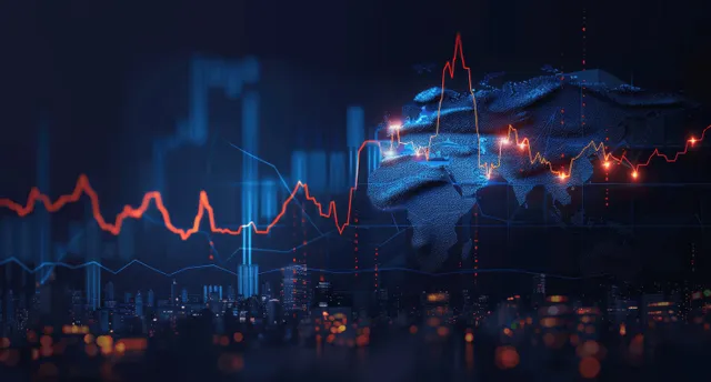 Neon stock market charts and candlestick trades glow over a night city skyline.