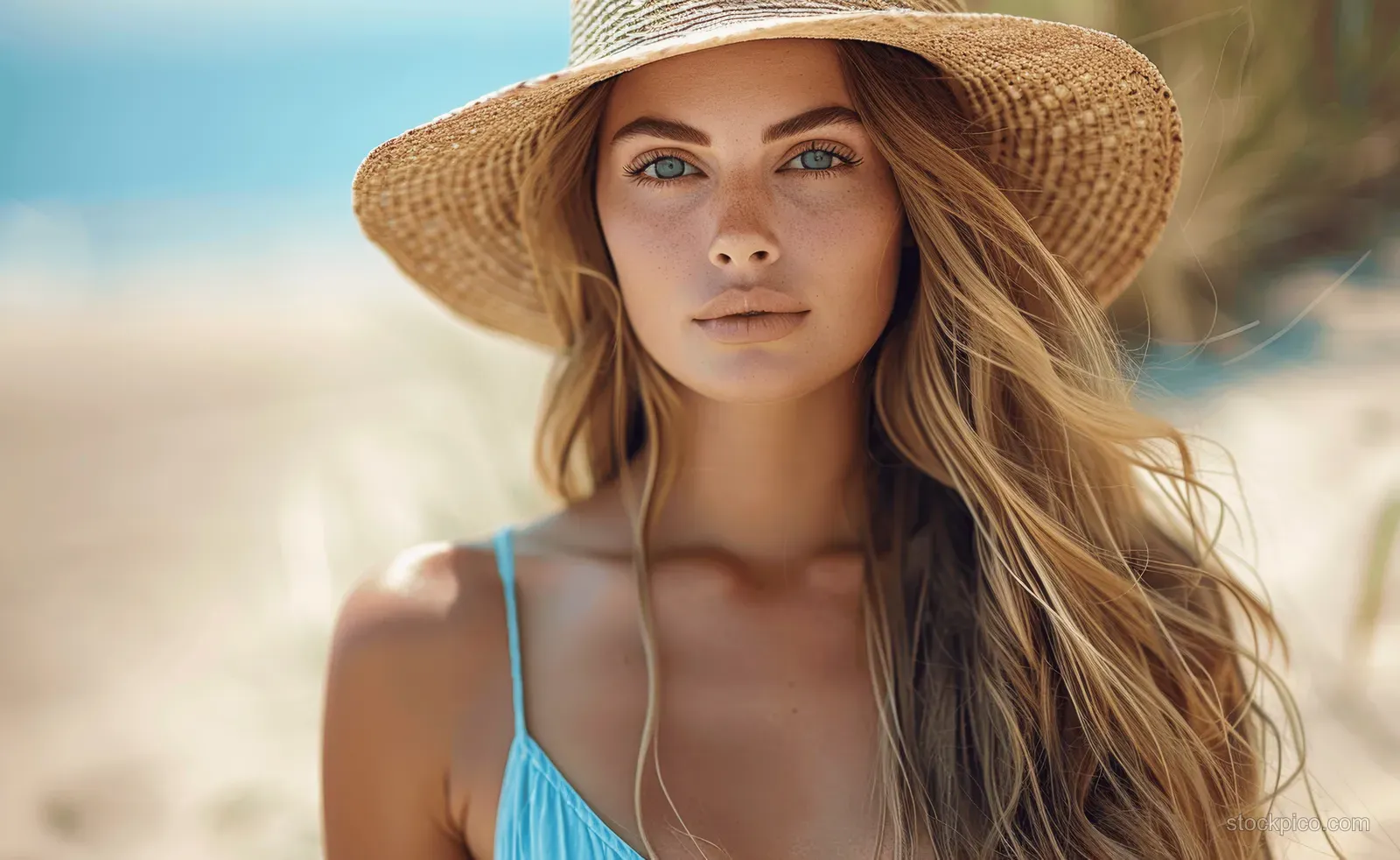 Blonde woman in blue dress and straw hat poses on a sunny beach with softly blurred sea behind her.