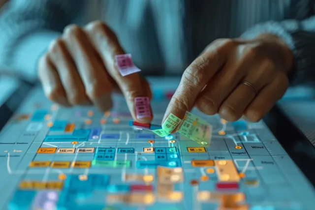 A businesswoman points with a stylus at a digital calendar filled with neon sticky notes on an office desk.