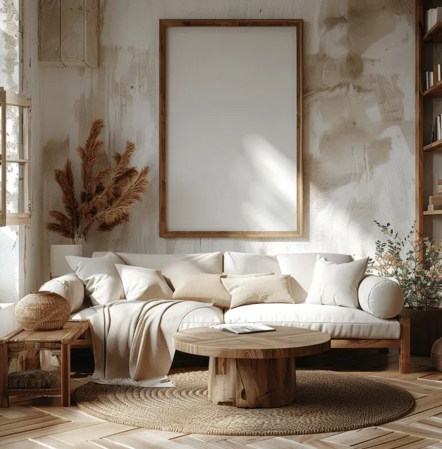 Boho living room with a blank wooden picture frame above a cream sofa, pampas decor, and warm daylight.