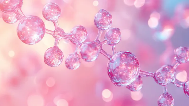 Pastel pink and blue molecular spheres float against a soft blurred pink background with bokeh lights.