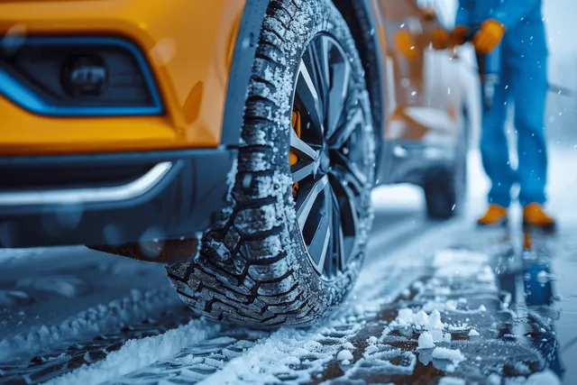 An auto mechanic’s hands replace a winter tire in a workshop near scattered tools and a car wheel.