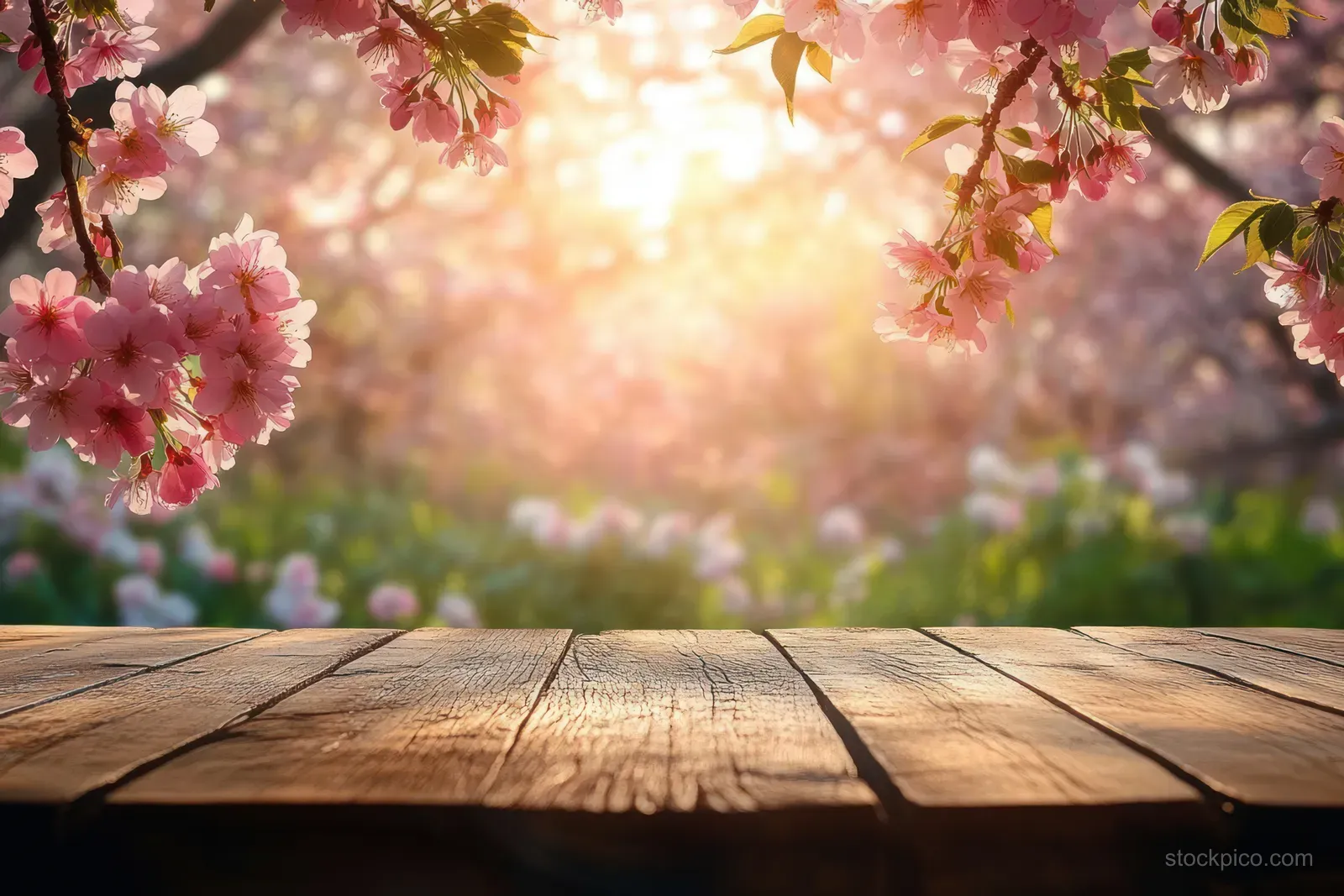 Sunlit wooden table with pink cherry blossom branches hanging overhead in a softly blurred spring garden.