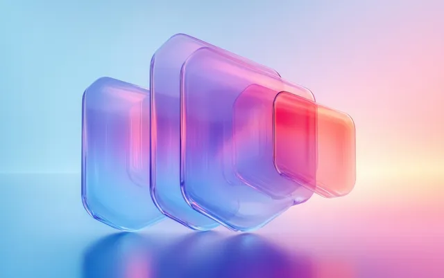 Transparent layered glass-like blocks floating over a pastel gradient backdrop