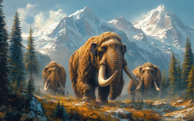 Three woolly mammoths walk through a pine forest with snowy mountains in the background.