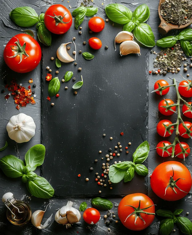 Fresh tomatoes, basil, garlic, and mixed spices arranged around an empty center on a black slate board.