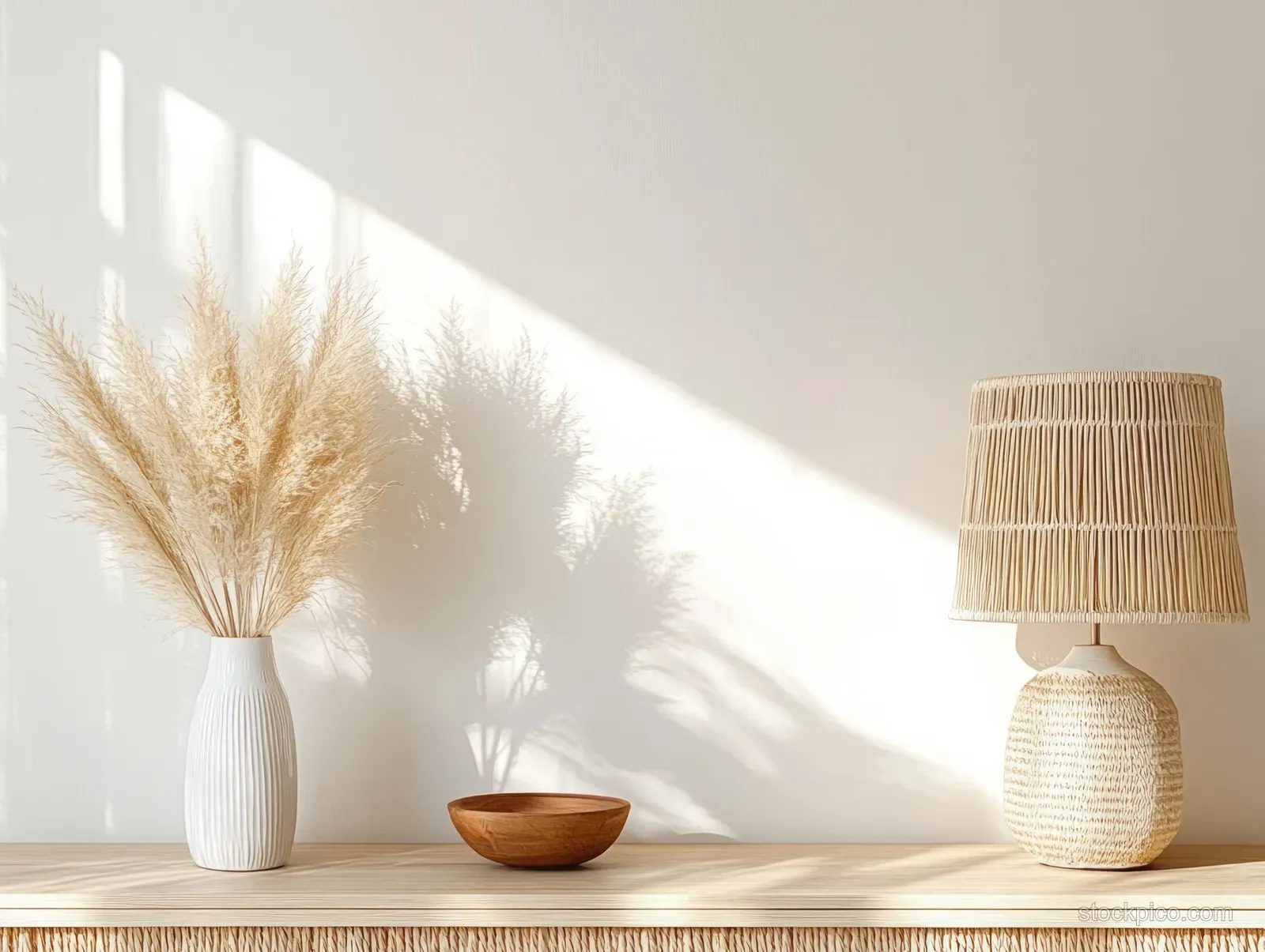 Wooden sideboard with white ceramic vase holding dried pampas grass and a wicker lamp under soft sunlight.