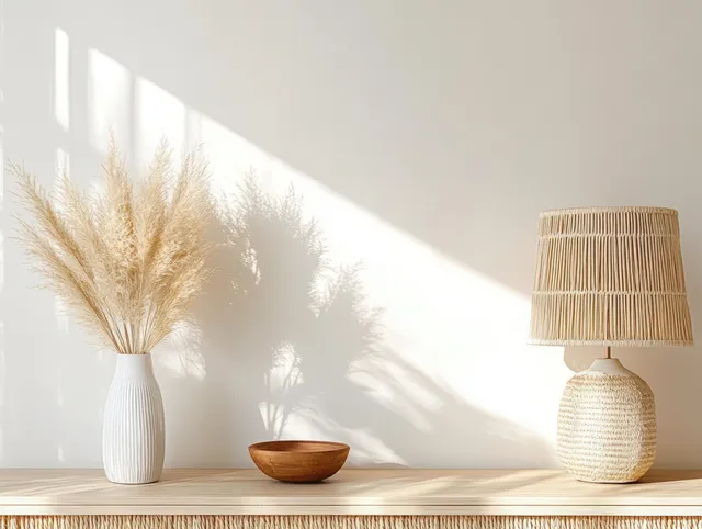 Wooden sideboard with white ceramic vase holding dried pampas grass and a wicker lamp under soft sunlight.