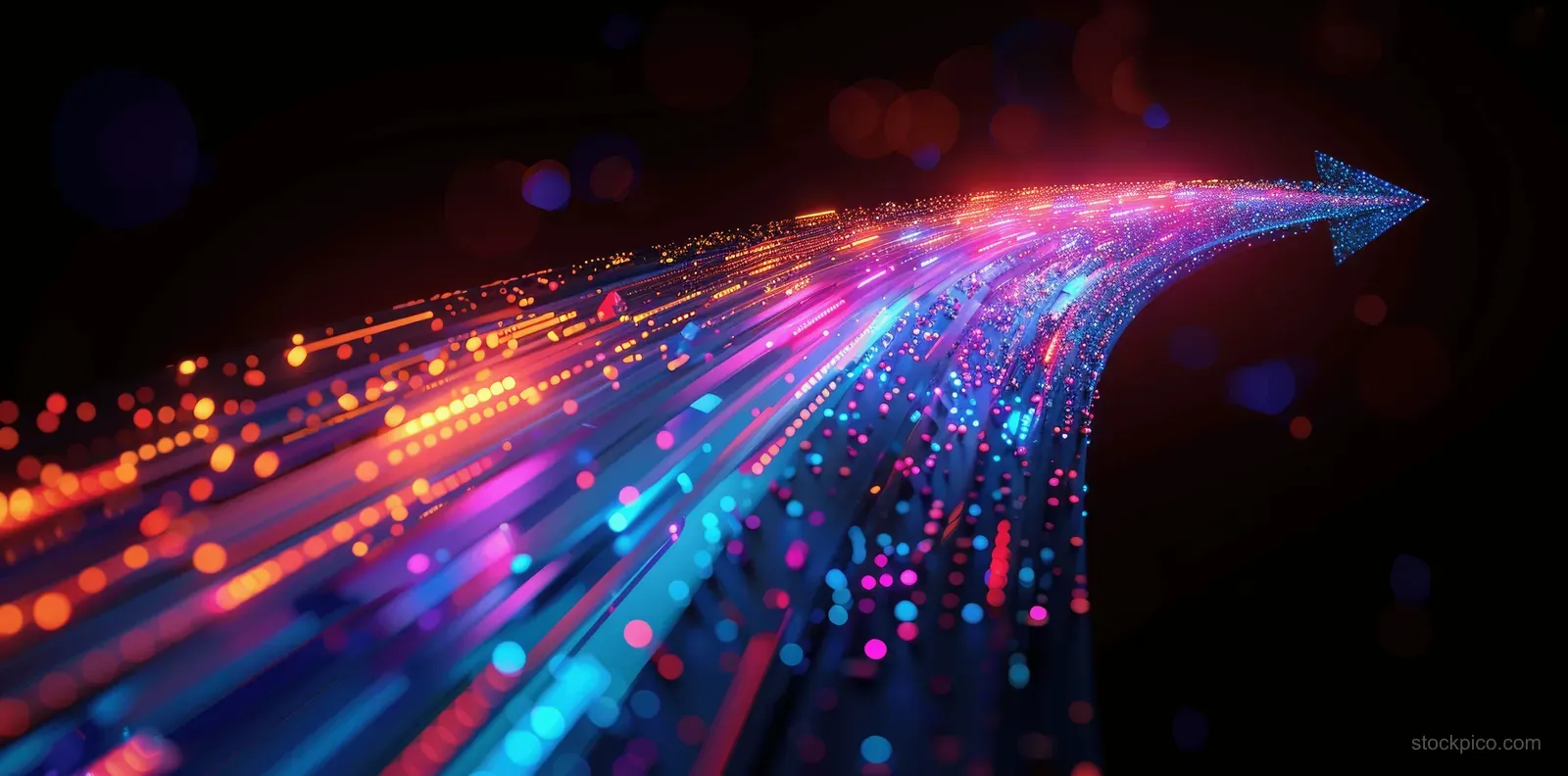 Neon arrow of glowing flowing lines points right across a dark bokeh background with sparkling particles.
