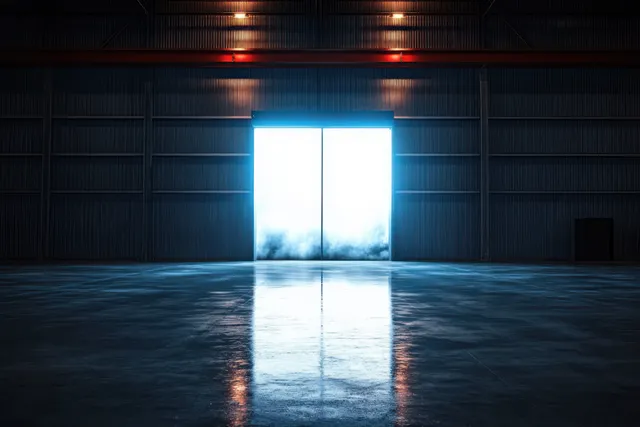 Open door in a dim warehouse releases blue light, reflecting on a polished concrete floor with long shadows.