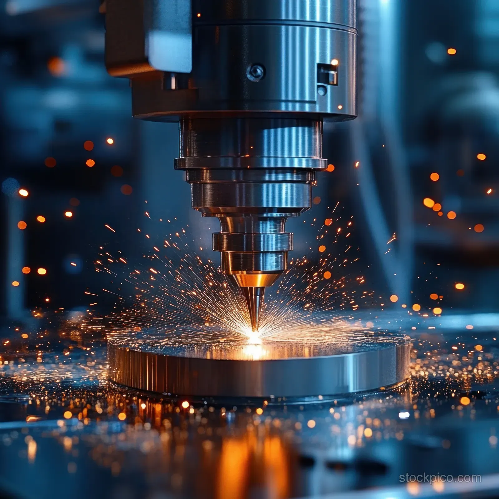 A metal cutting tool shapes a circular steel disk while orange sparks spray from the contact point.