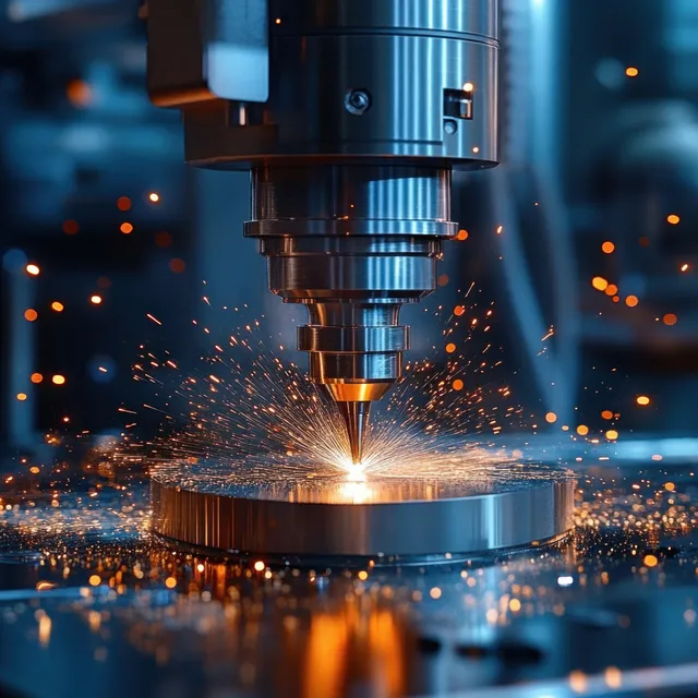 A metal cutting tool shapes a circular steel disk while orange sparks spray from the contact point.