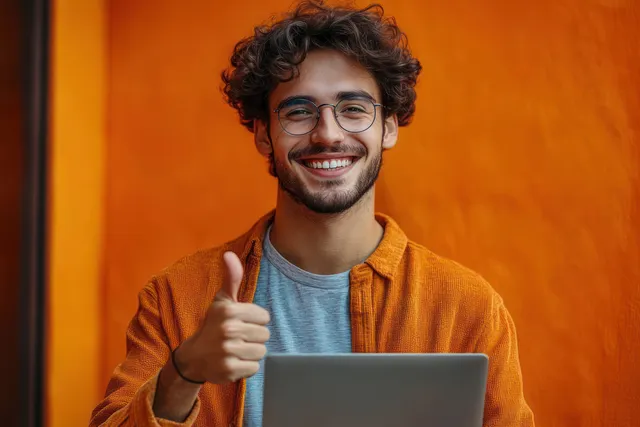 Curly-haired man wearing glasses gives a thumbs up while using a laptop against a bright orange background.