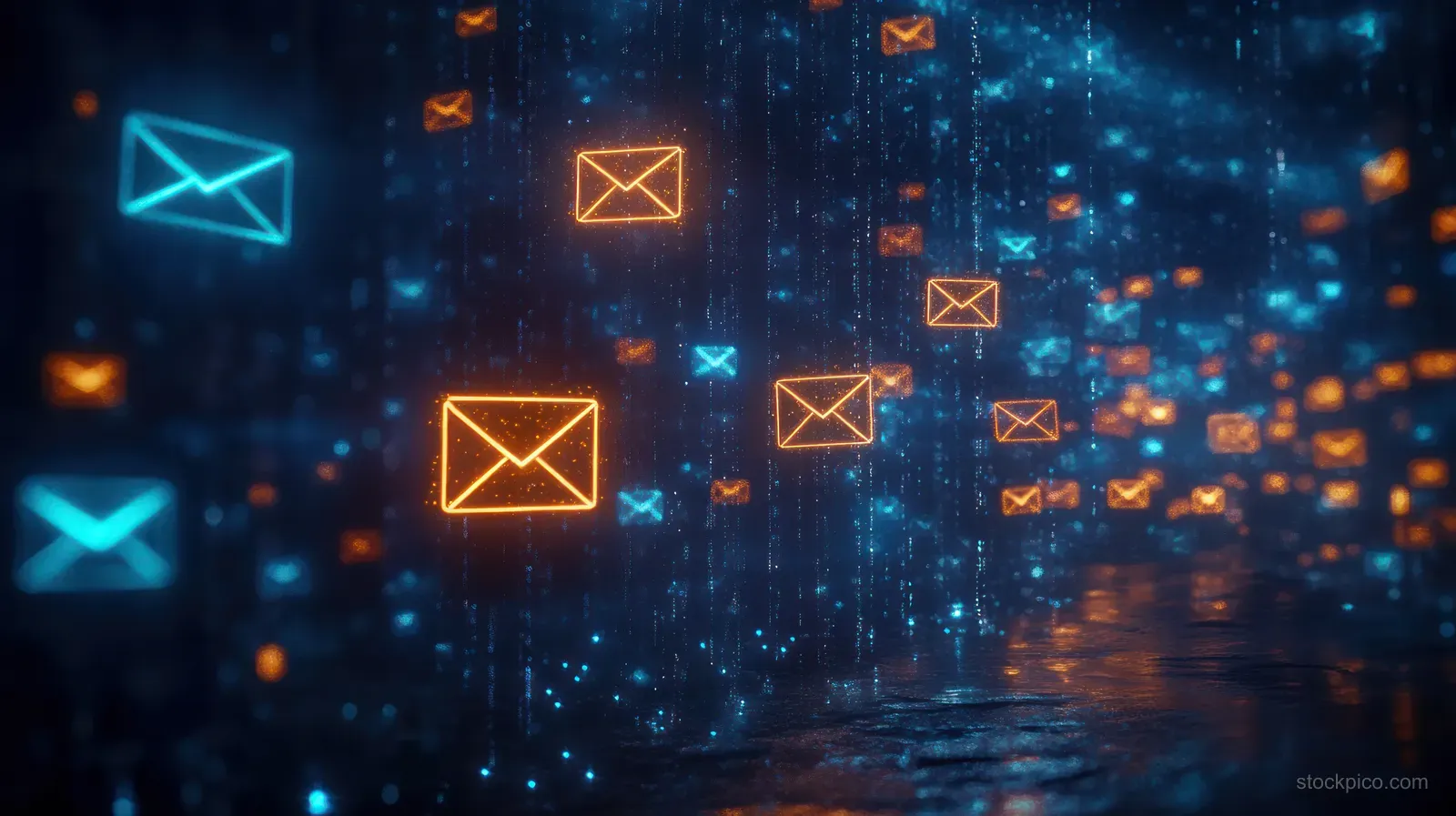Neon glowing envelope icons scatter across a dark blue cyber network background, hinting at phishing risk.