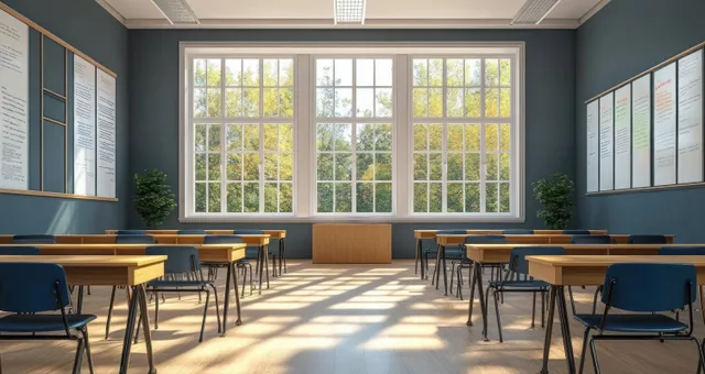Empty modern classroom with blue chairs and wooden desks under bright window light