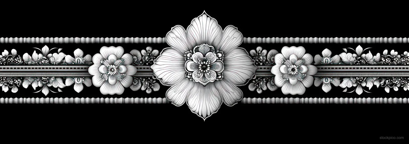 Monochrome horizontal floral border with a large central flower and symmetrical small blossoms on a black background.