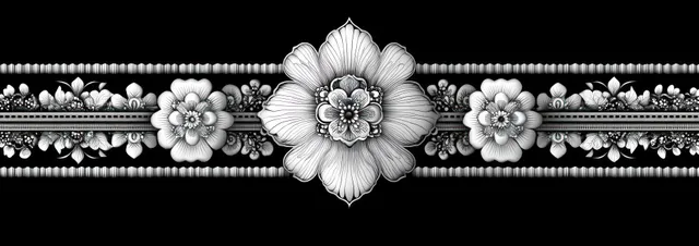Intricate black and white horizontal floral border with large center bloom and symmetrical small flowers