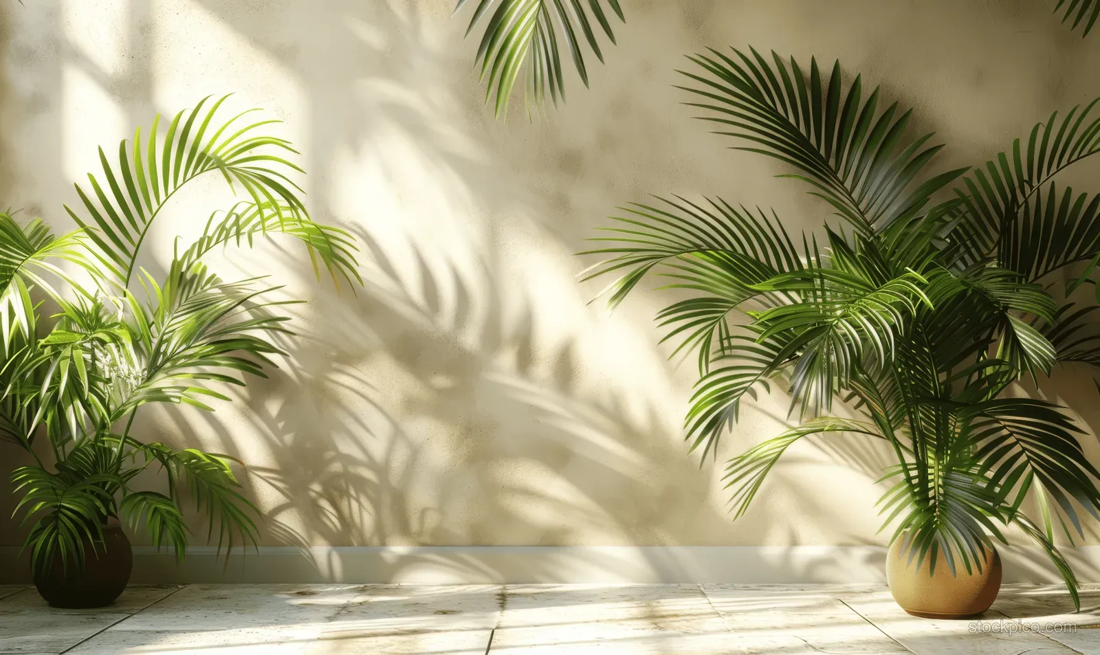 Palm leaf shadows fall on a light pink wall and tiled floor with potted plants along the edges.