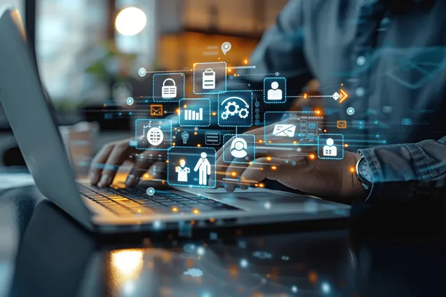 A professional uses a laptop showing a global network overlay with handshake and ecosystem icons for partnership planning.