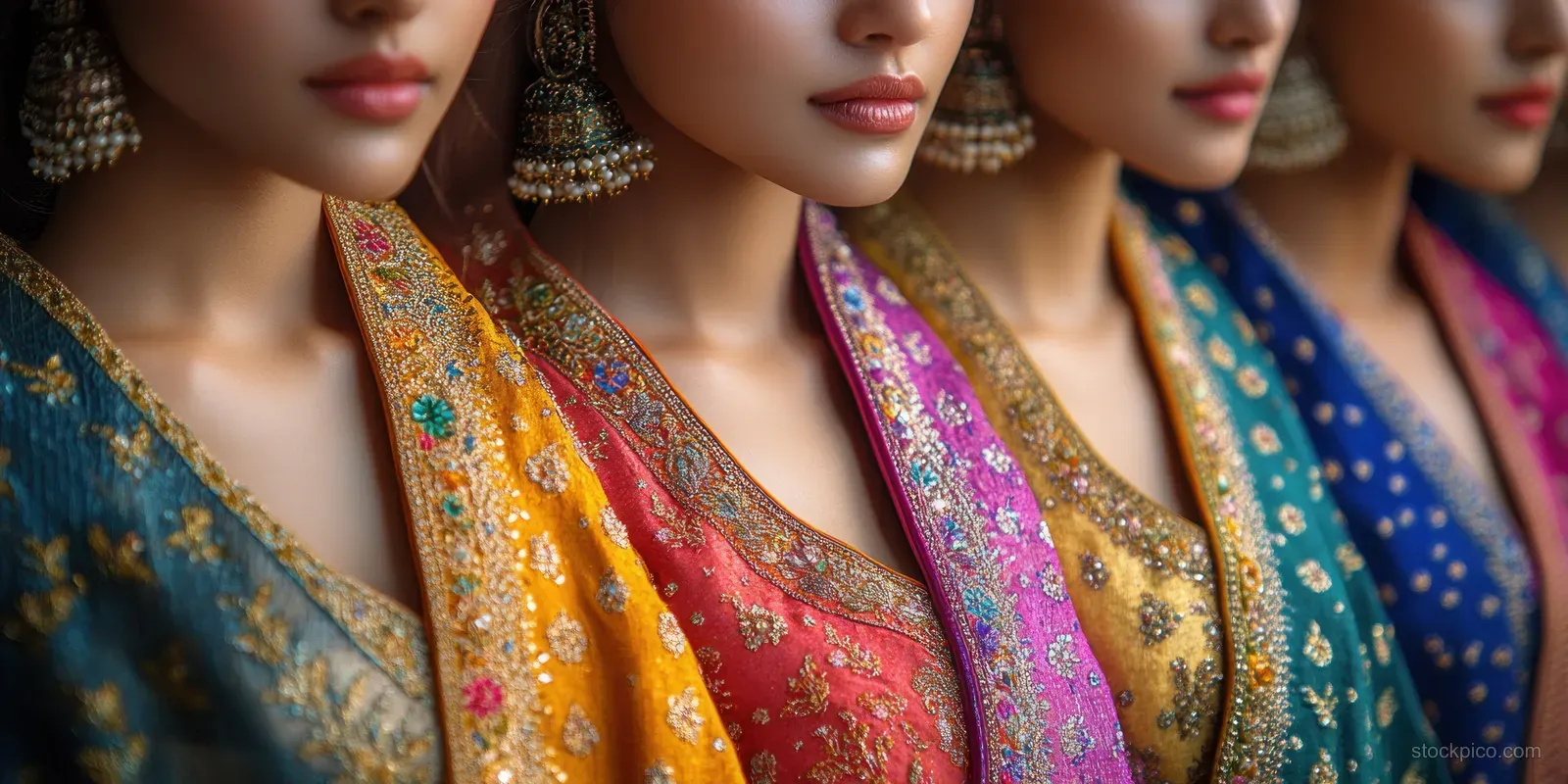 Multiple Indian women’s traditional dresses displayed side by side with ornate embroidered fabric in vibrant colors.