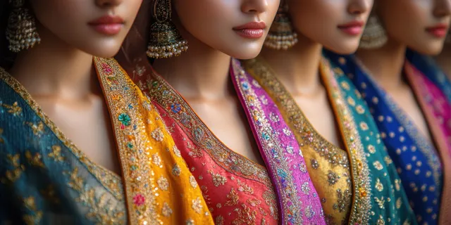 Multiple Indian women’s traditional dresses displayed side by side with ornate embroidered fabric in vibrant colors.