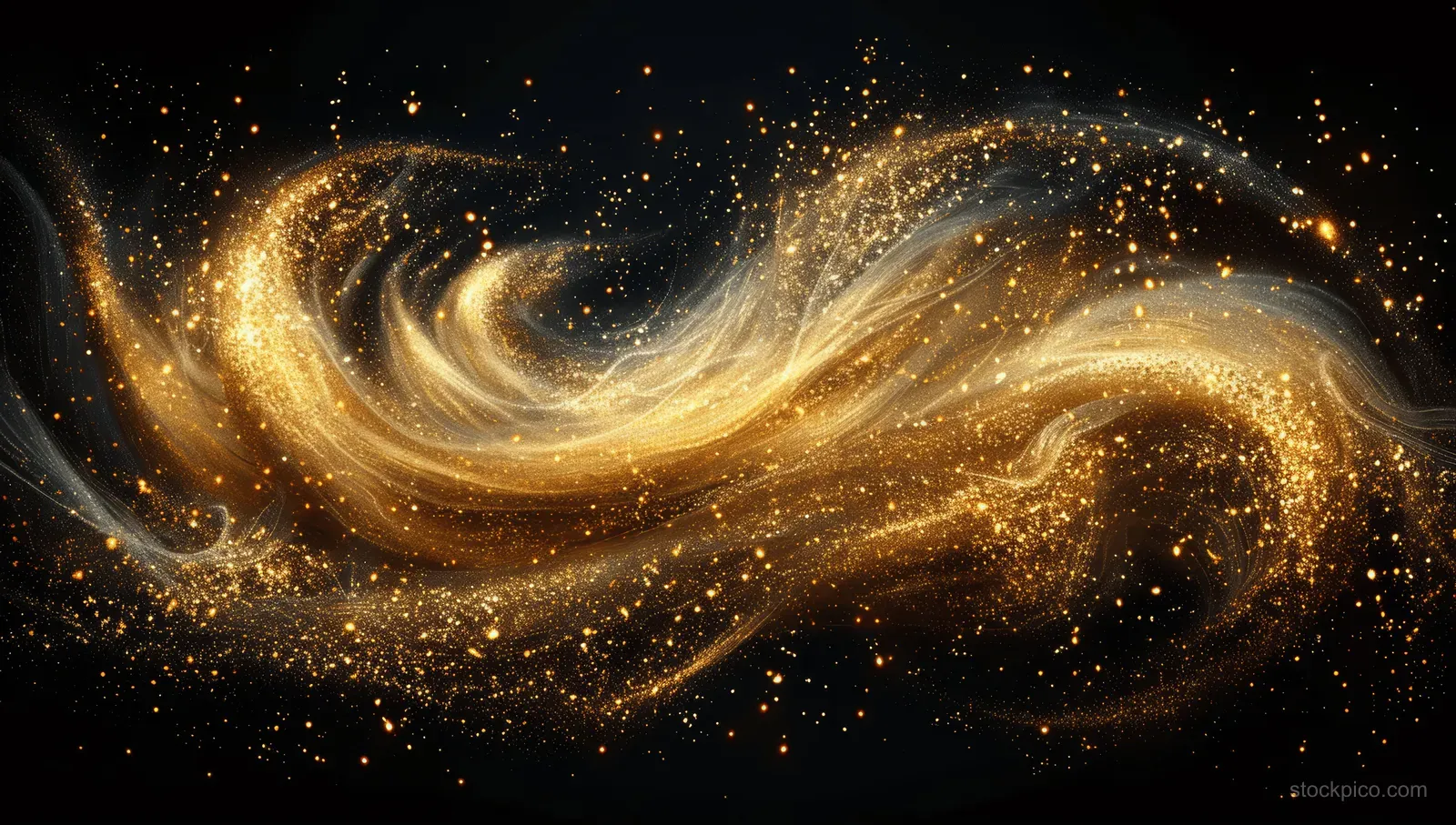 Golden glitter particles form a flowing swirl ribbon across a dark black background.