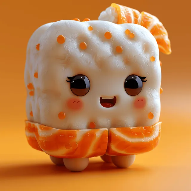 Cute sushi cartoon character with big eyes and smiling face on orange background with Food Icons And Branding