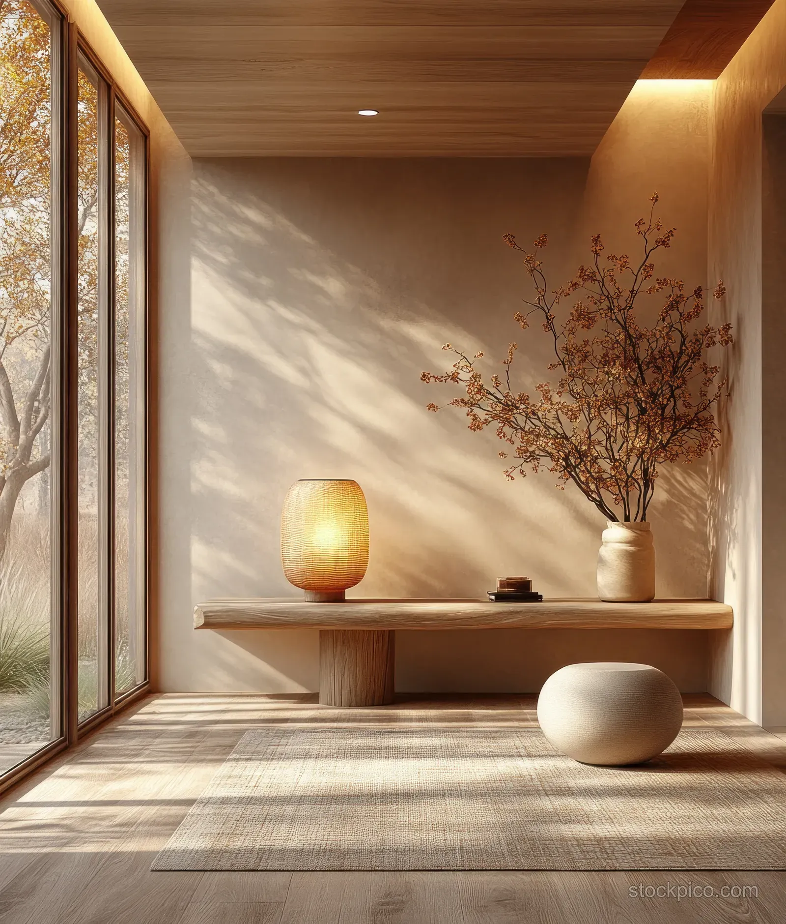 Minimalist beige hallway with a console table, golden lamp, potted branches, and soft warm light.