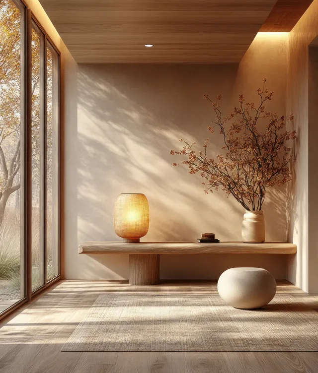 Minimalist beige hallway with a console table, golden lamp, potted branches, and soft warm light.
