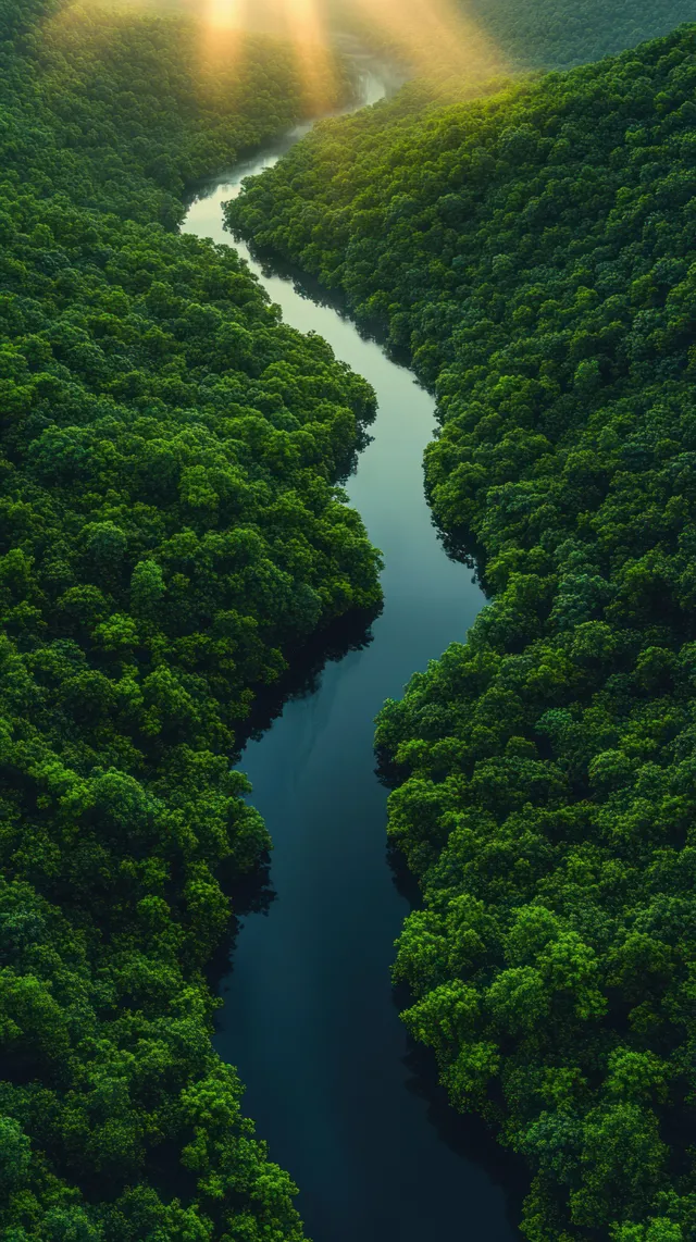 Winding river through dense green forest with sunlight beams overhead