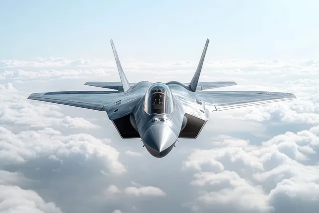 A stealth fighter jet flies toward the viewer above clouds with detailed wings and cockpit under a blue sky.