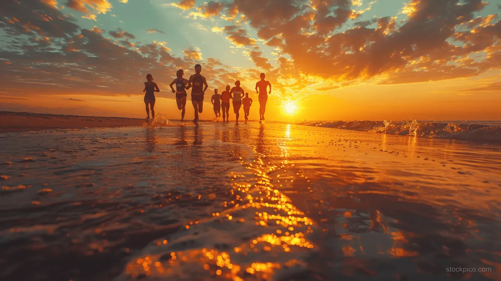 Friends’ legs and running shoes race along wet beach sand at sunset with the sun low on the horizon.