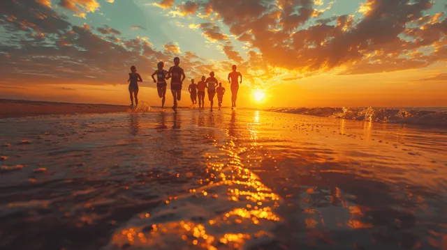 Friends running barefoot along a sandy shoreline at sunset, close-up legs and shoes