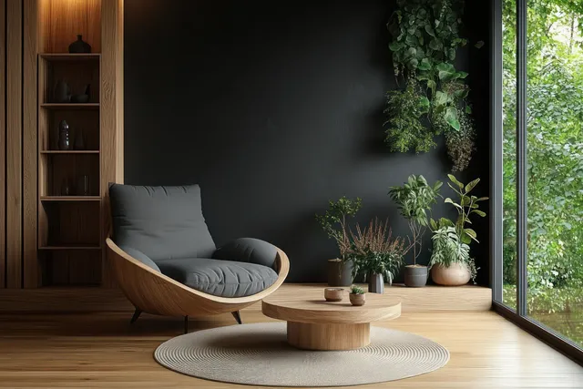 A minimalist Scandinavian living room with a black leather armchair, potted plants, and a circular table by a window.
