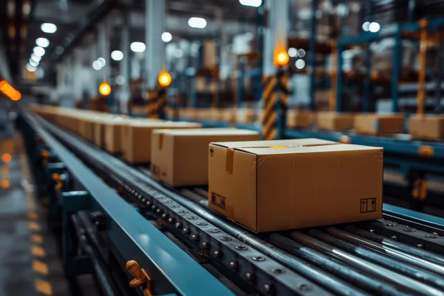 Brown cardboard shipping boxes move along a warehouse conveyor belt with blurred logistics equipment behind them.