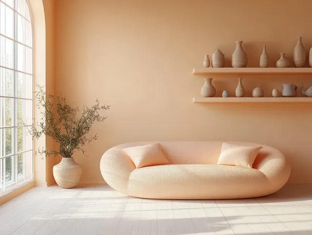 Peach minimalist living room showing a curved sofa, soft lamp lighting, and ceramic vases on wall shelves.