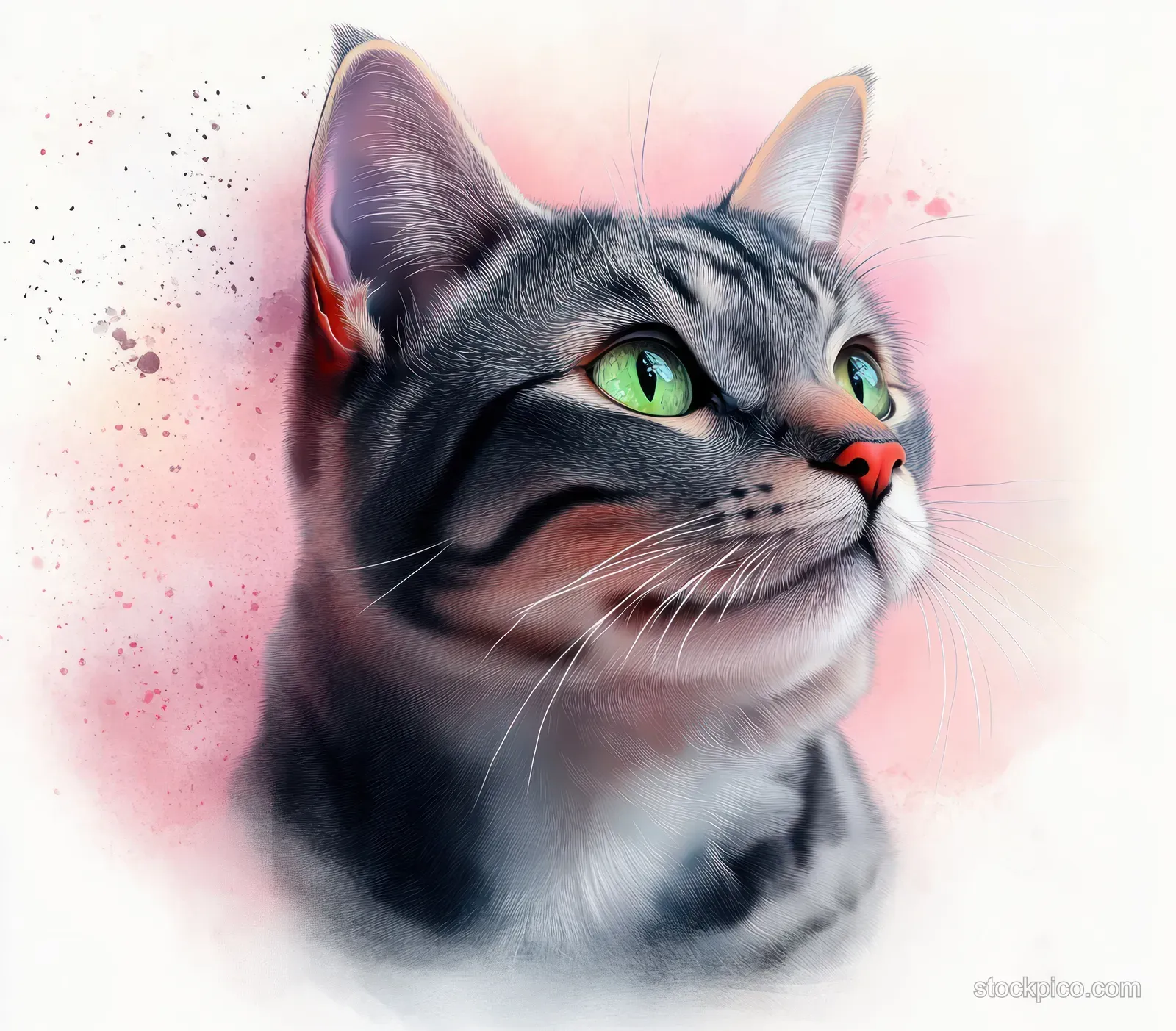 Silver tabby cat portrait with green eyes on a pastel pink watercolor background.