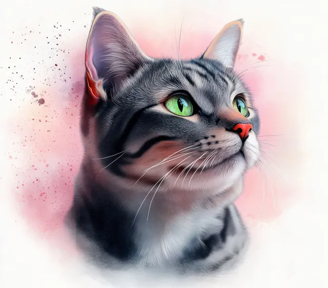 Silver tabby cat portrait with green eyes on a pastel pink watercolor background.