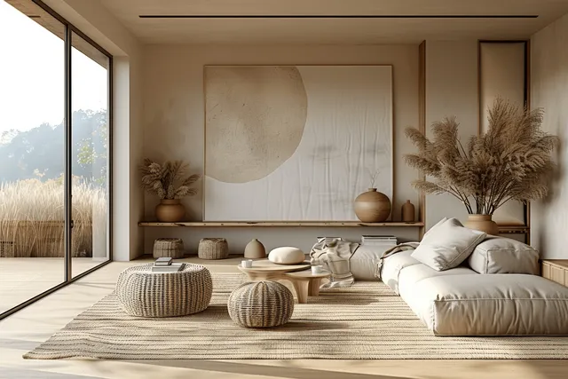Beige Japandi living room with a cozy sofa, wooden decor, and large window bringing in daylight.