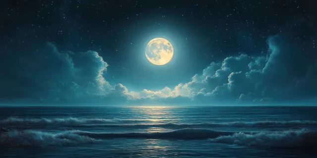 Eerie full-moon cliff over ocean waves, misty fog and dramatic moonlight at night
