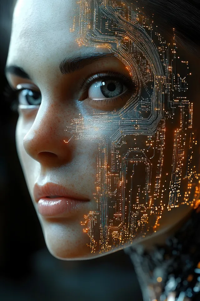 Close-up portrait of a young woman with glowing circuit patterns over her face and an intense gaze.