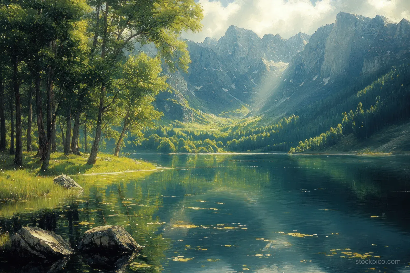 A tranquil lake reflects surrounding trees and distant Alpine peaks under morning mist.