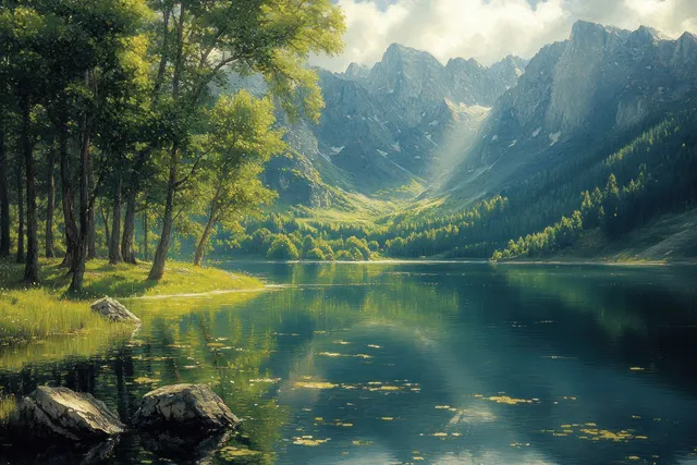 Still lake with tree-lined banks and distant Alpine peaks under soft morning mist