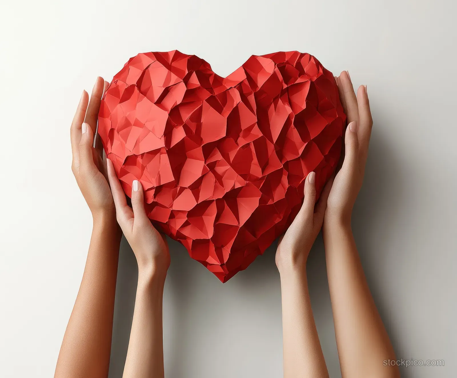 Multiple hands hold a folded red paper heart on a light gray background.