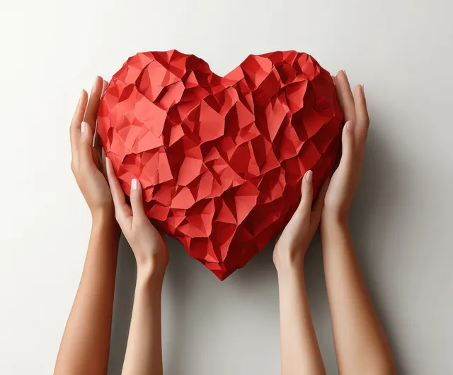 Diverse hands shaping a red heart from paper, symbolizing unity on a pale background