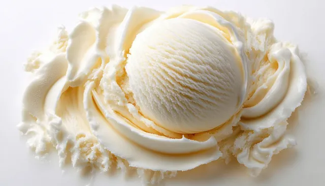Vanilla ice cream scoop with swirled ridged texture on a plain white background.
