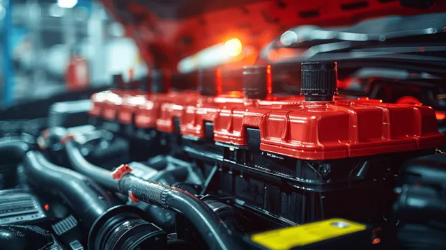 Mechanic inspects car battery terminals and cables inside a workshop engine bay under red lighting.