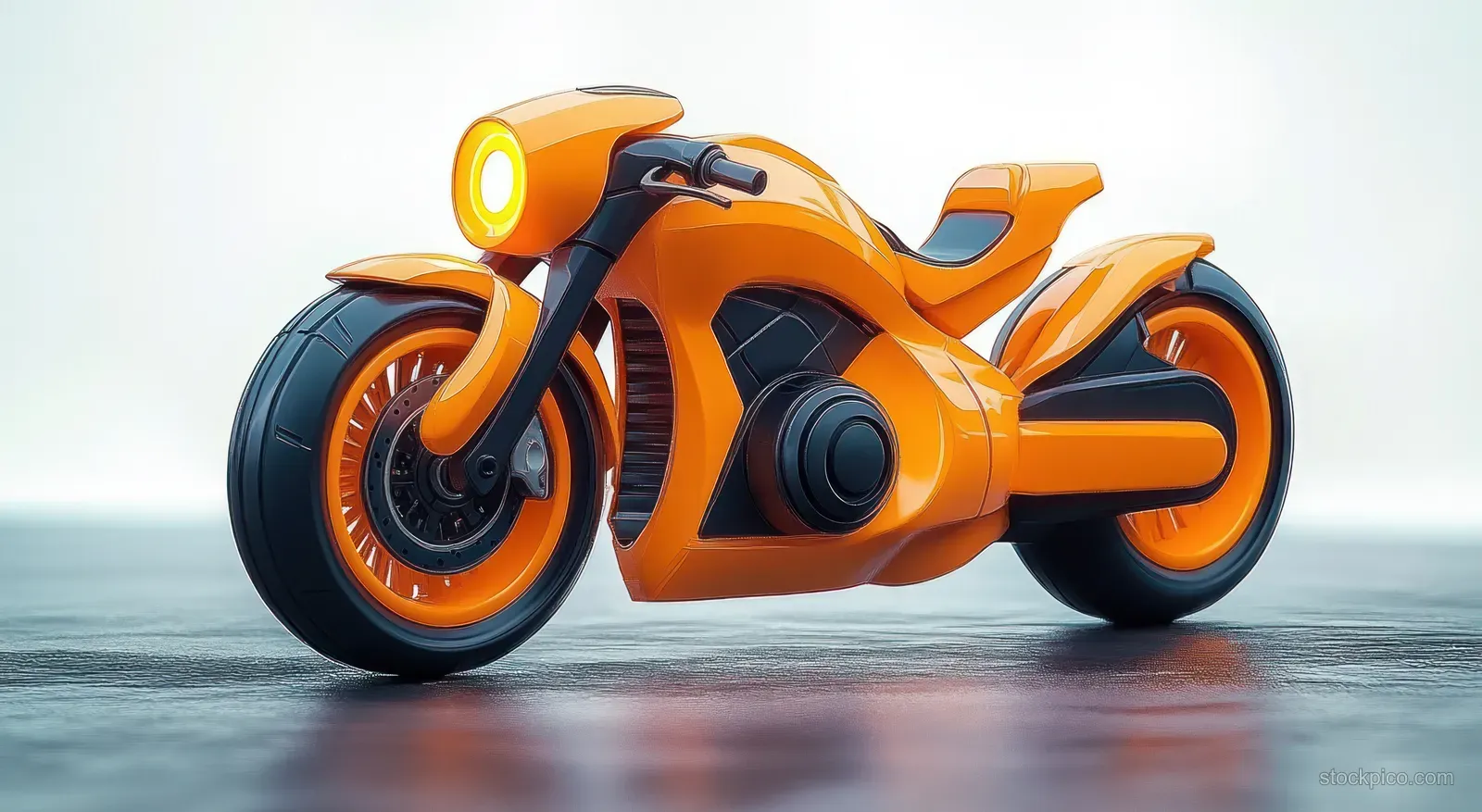 Bright orange futuristic sport motorcycle with glowing headlight parked on a reflective surface.